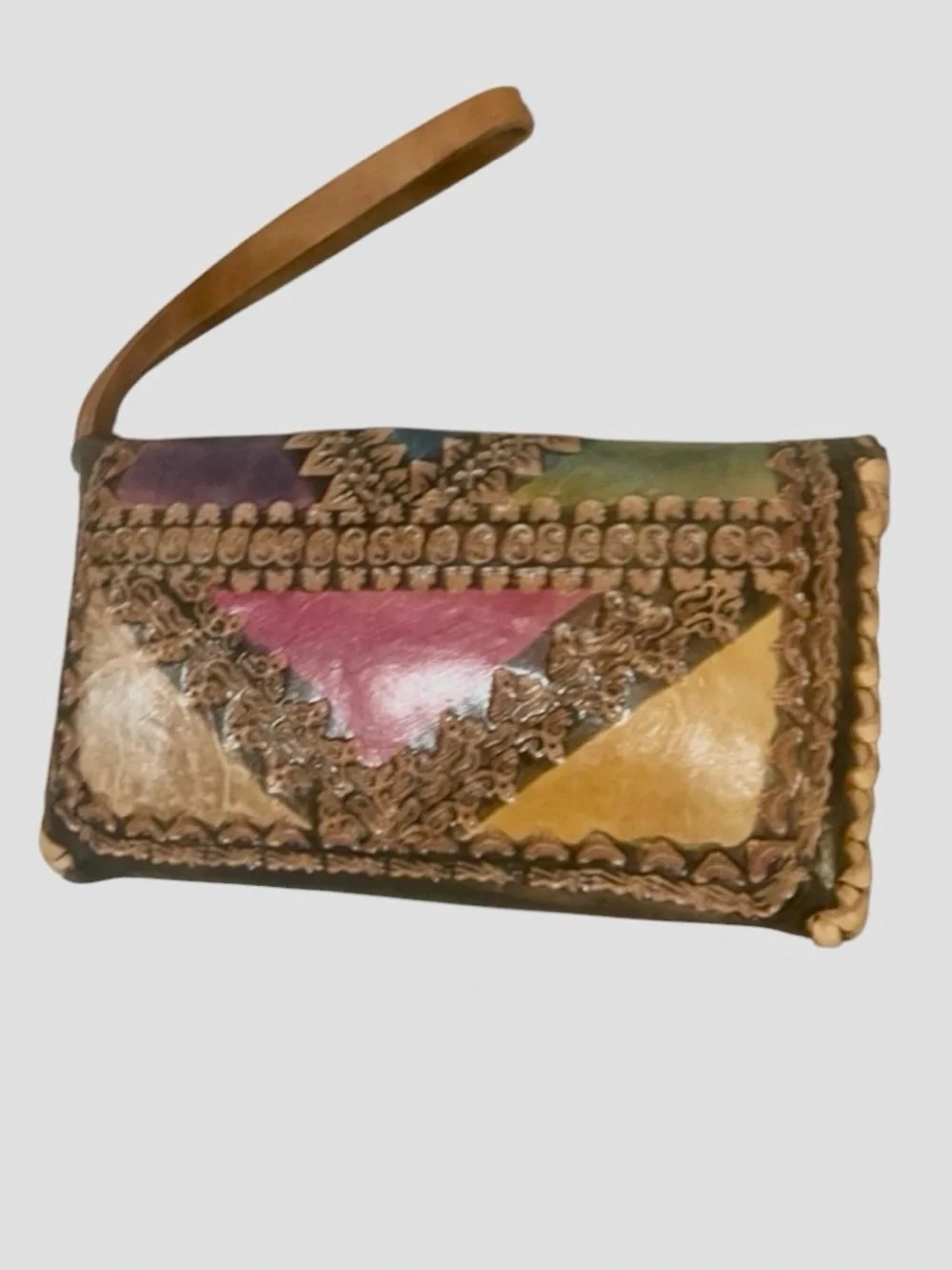 Handcrafted Multicolor Patchwork Pattern Tooled Leather Wristlet Clutch